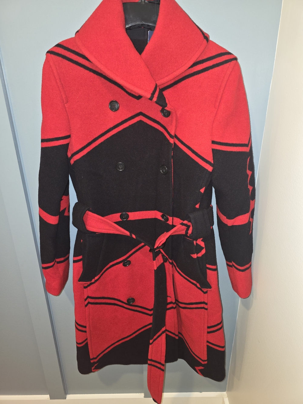 Polo by Ralph Lauren Red and Black Geometric Double-Breasted Trench Coat